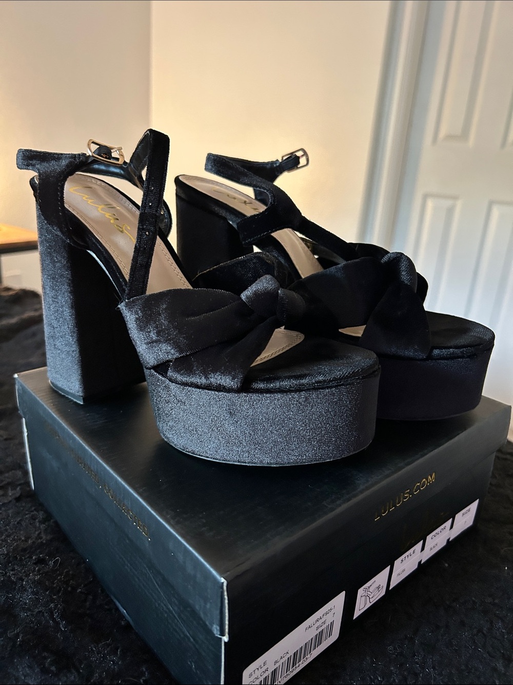 Lulu's Falura Black Velvet Bow Platform Sandals